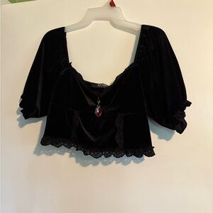Disturbia Black Velvet Blouse with Lace Trim